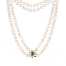 Yellow Gold Pearl, Emerald & Diamond Necklace